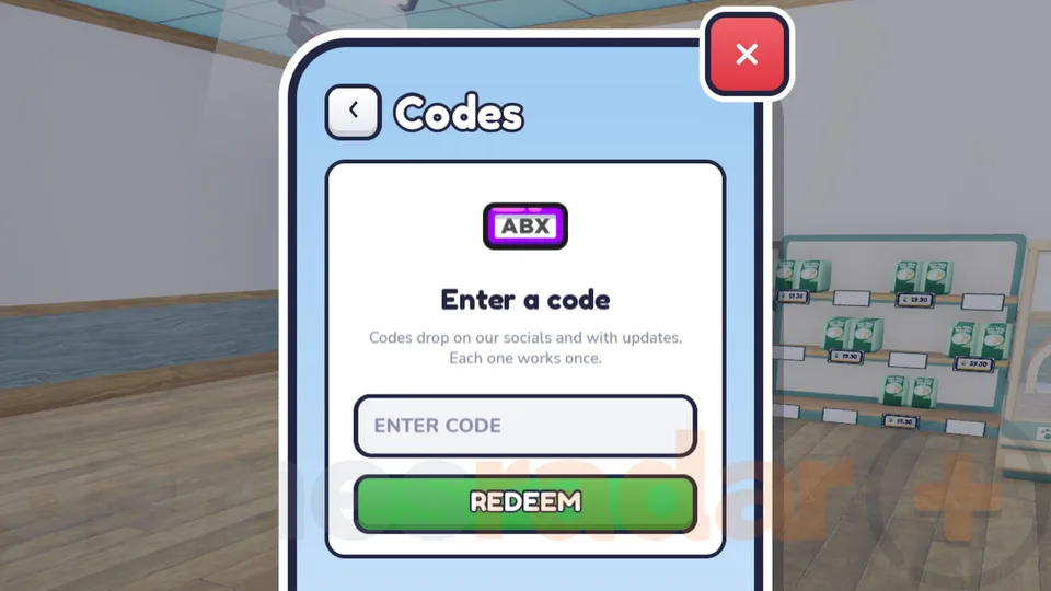 Codes menu in Pet Store Tycoon with the Enter a code box and Redeem button