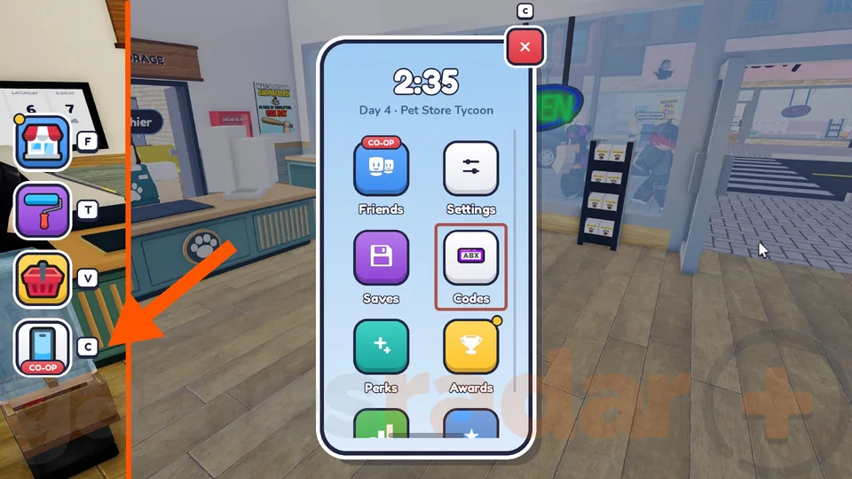 Pet Store Tycoon phone menu showing the in-game day timer above store shelves